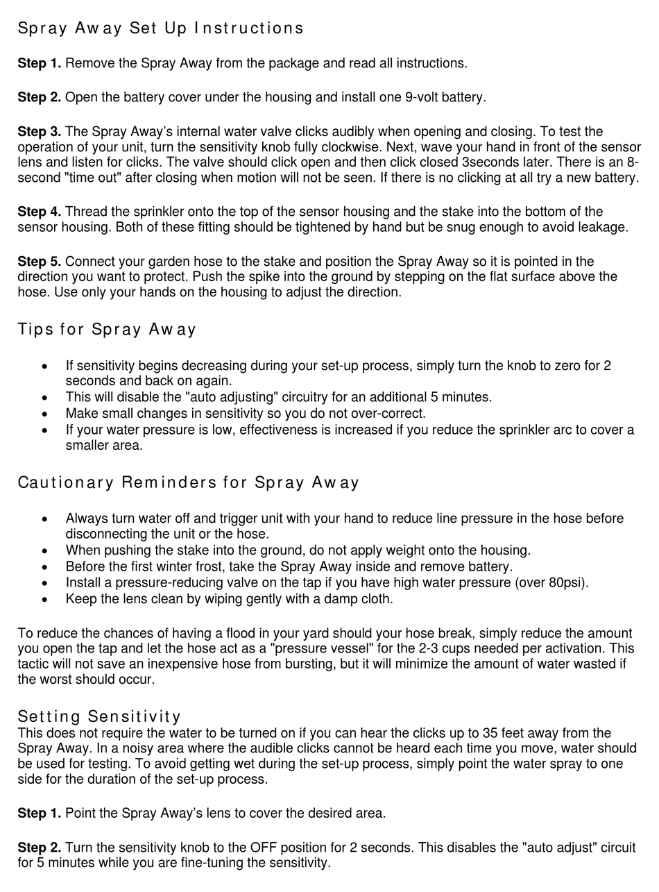 HAVAHART SPRAY AWAY SETUP INSTRUCTIONS Pdf Download ManualsLib