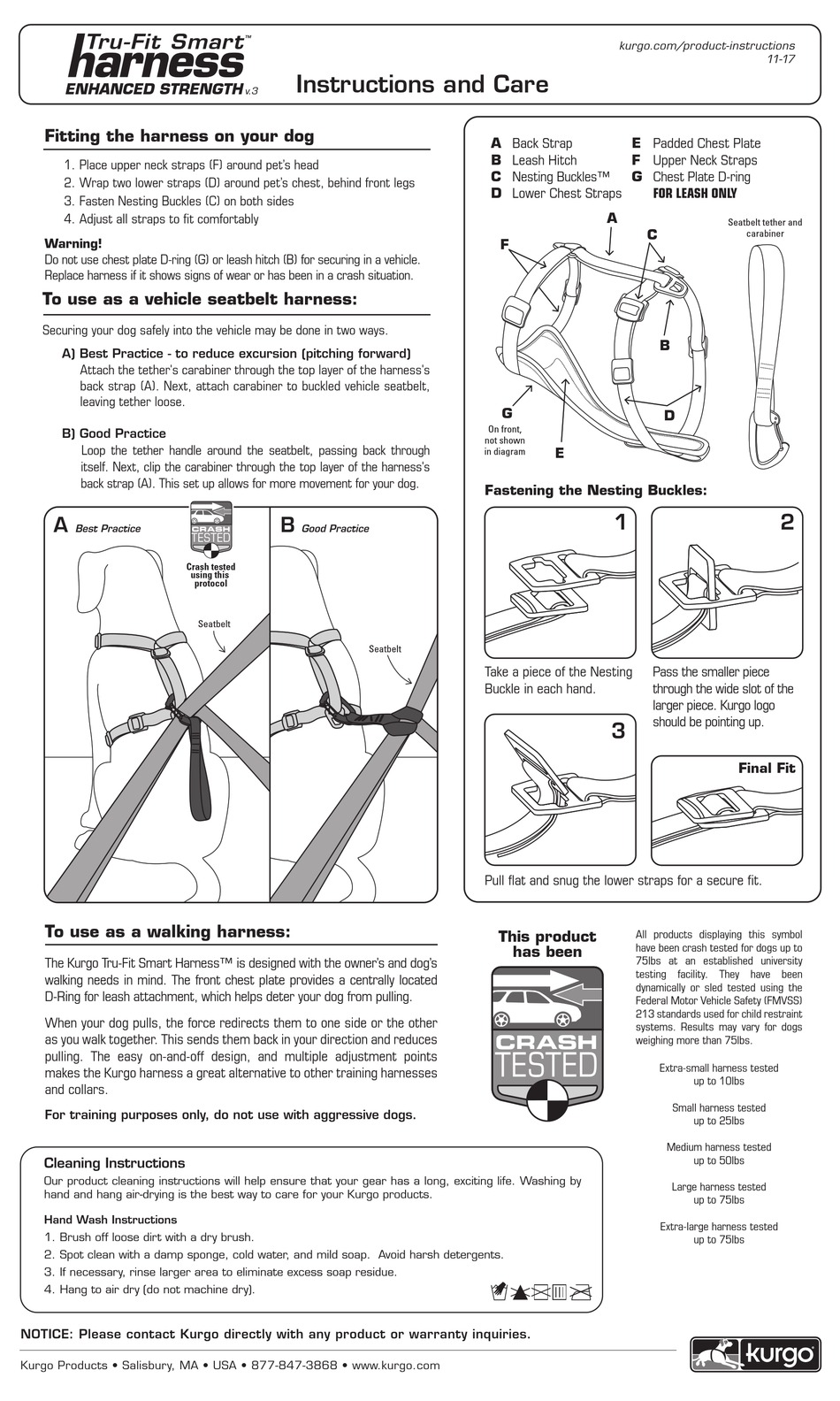 KURGO TRU-FIT SMART HARNESS ENHANCED STRENGTH V.3 INSTRUCTIONS AND CARE ...