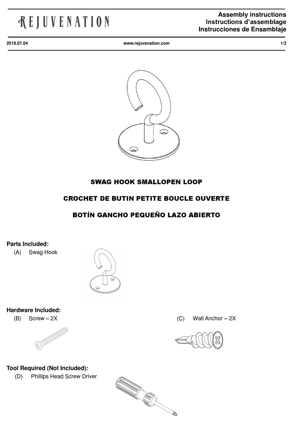 REJUVENATION SWAG HOOK ASSEMBLY INSTRUCTIONS Pdf Download ManualsLib