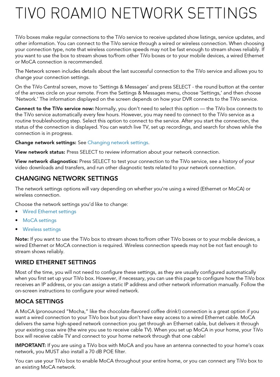 TIVO ROAMIO QUICK START MANUAL Pdf Download ManualsLib