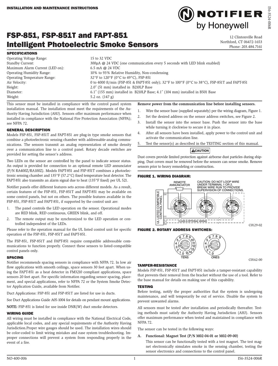 HONEYWELL NOTIFIER FSP851 INSTALLATION AND MAINTENANCE