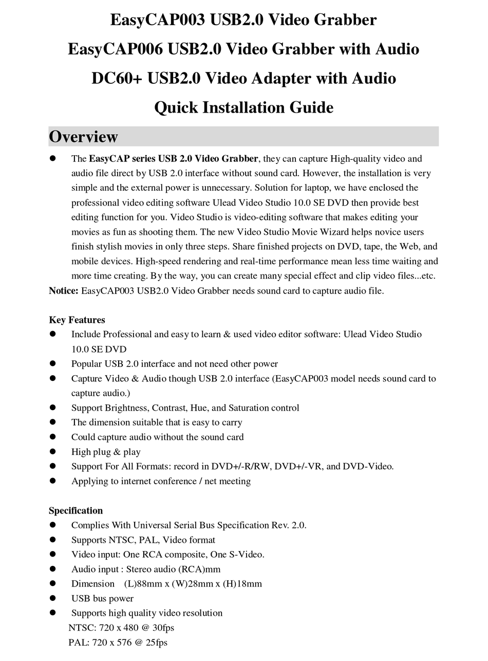 ULEAD EASYCAP003 QUICK INSTALLATION MANUAL Pdf Download ManualsLib