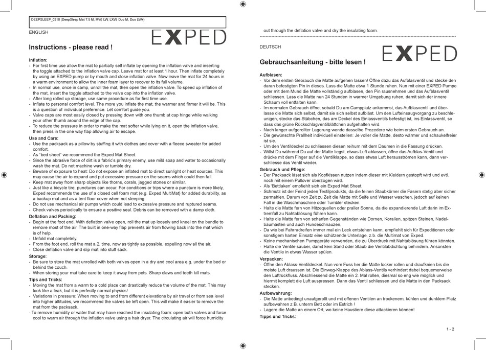 EXPED DEEPSLEEP MAT 7.5 M INSTRUCTIONS Pdf Download ManualsLib