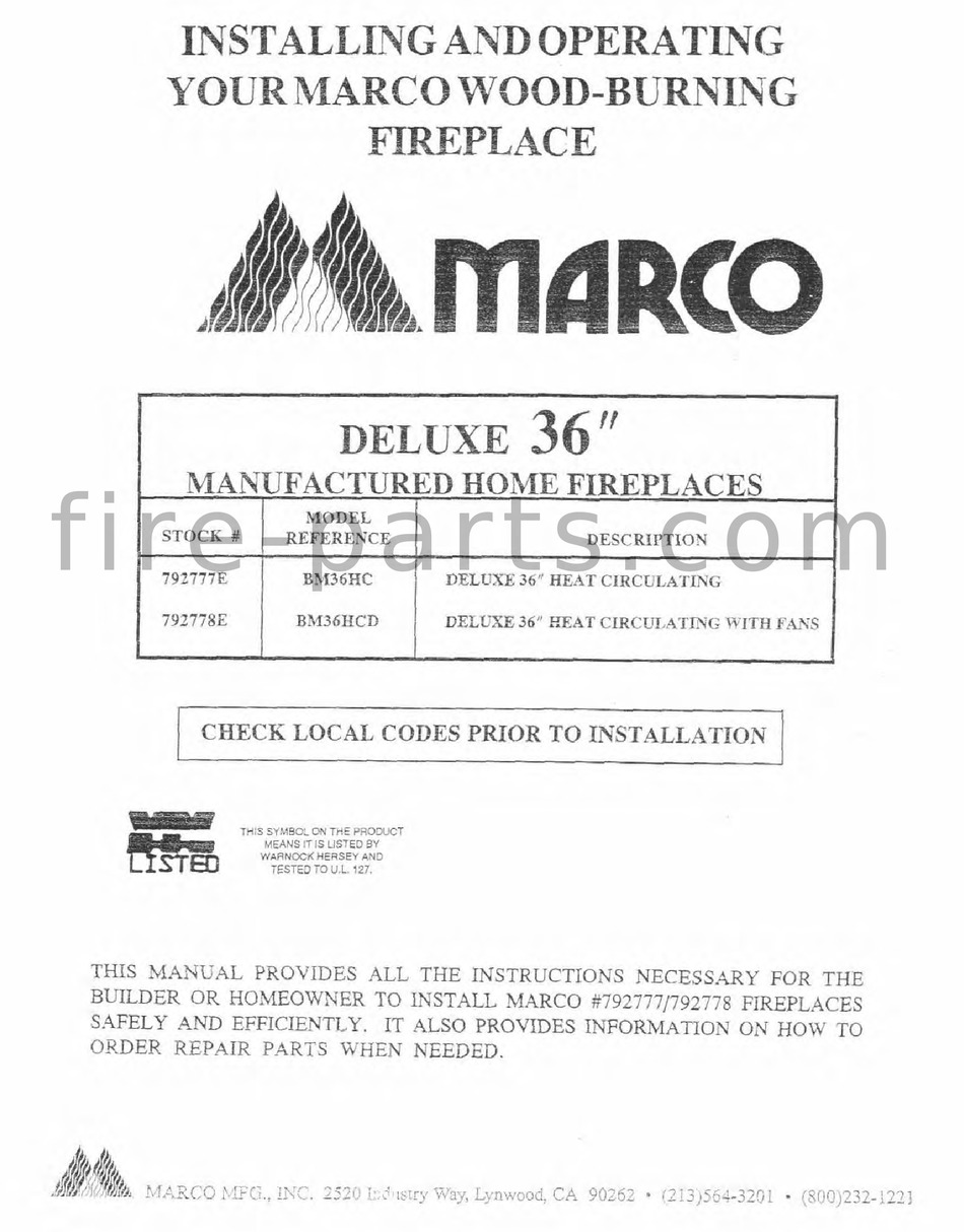 MARCO DELUXE 36" INSTALLING AND OPERATING Pdf Download ManualsLib