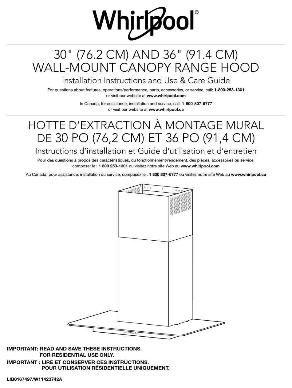 WHIRLPOOL WVW91330KS INSTALLATION INSTRUCTIONS AND USE & CARE MANUAL