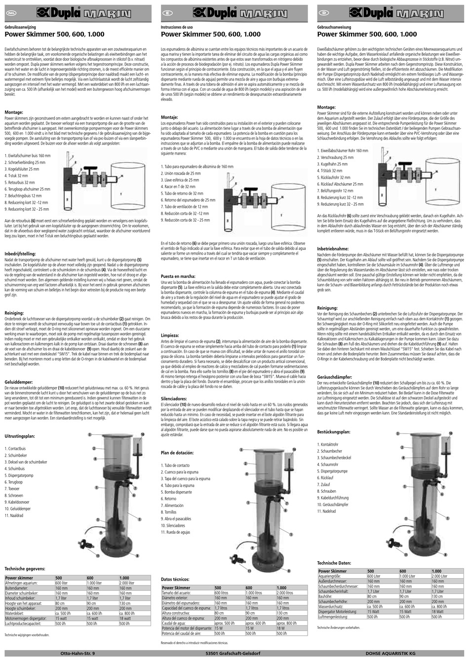 DUPLA MARIN POWER SKIMMER 500 INSTRUCTIONS FOR USE Pdf Download
