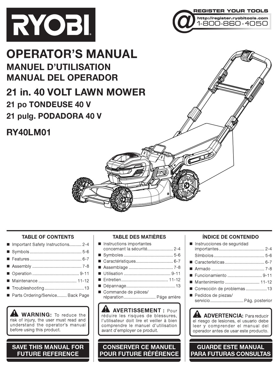 Ryobi Ry40lm01 Operators Manual Pdf Download Manualslib