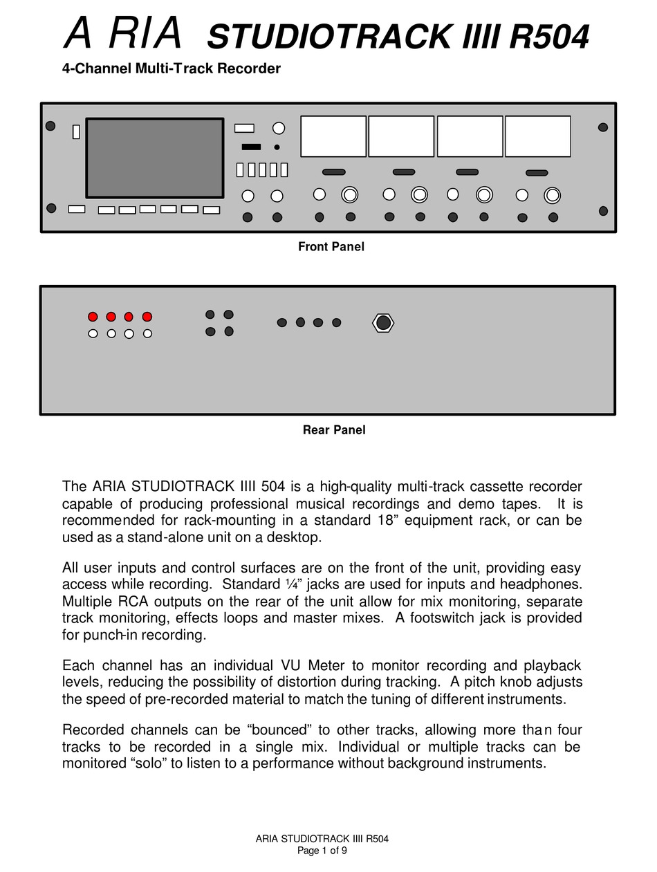 ARIA STUDIOTRACK IIII R504 MANUAL Pdf Download | ManualsLib