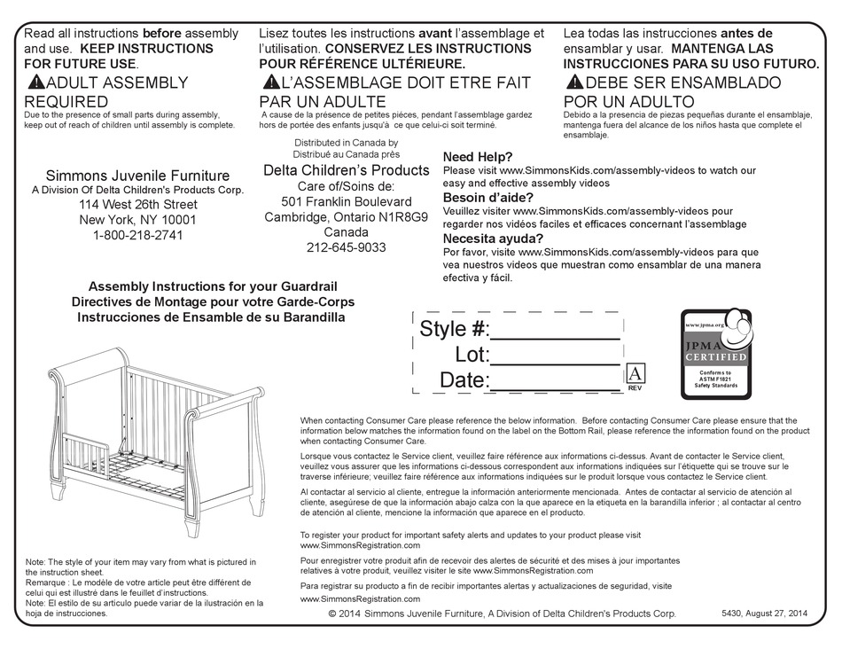 DELTA CHILDREN SIMMONS GUARDRAIL ASSEMBLY INSTRUCTIONS MANUAL Pdf