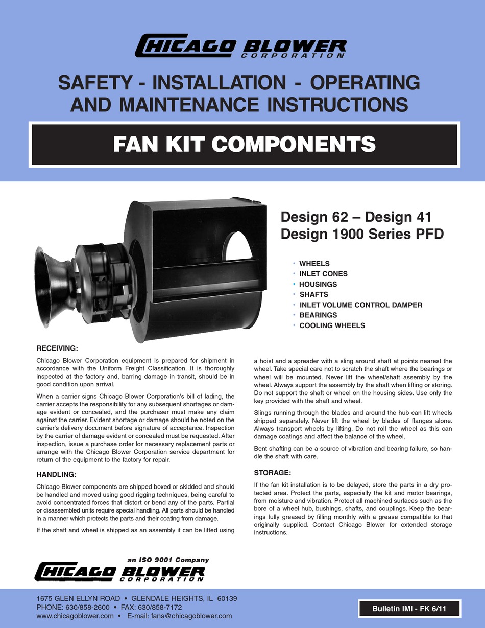 CHICAGO BLOWER DESIGN 62 SERIES INSTALLATION OPERATING & MAINTENANCE