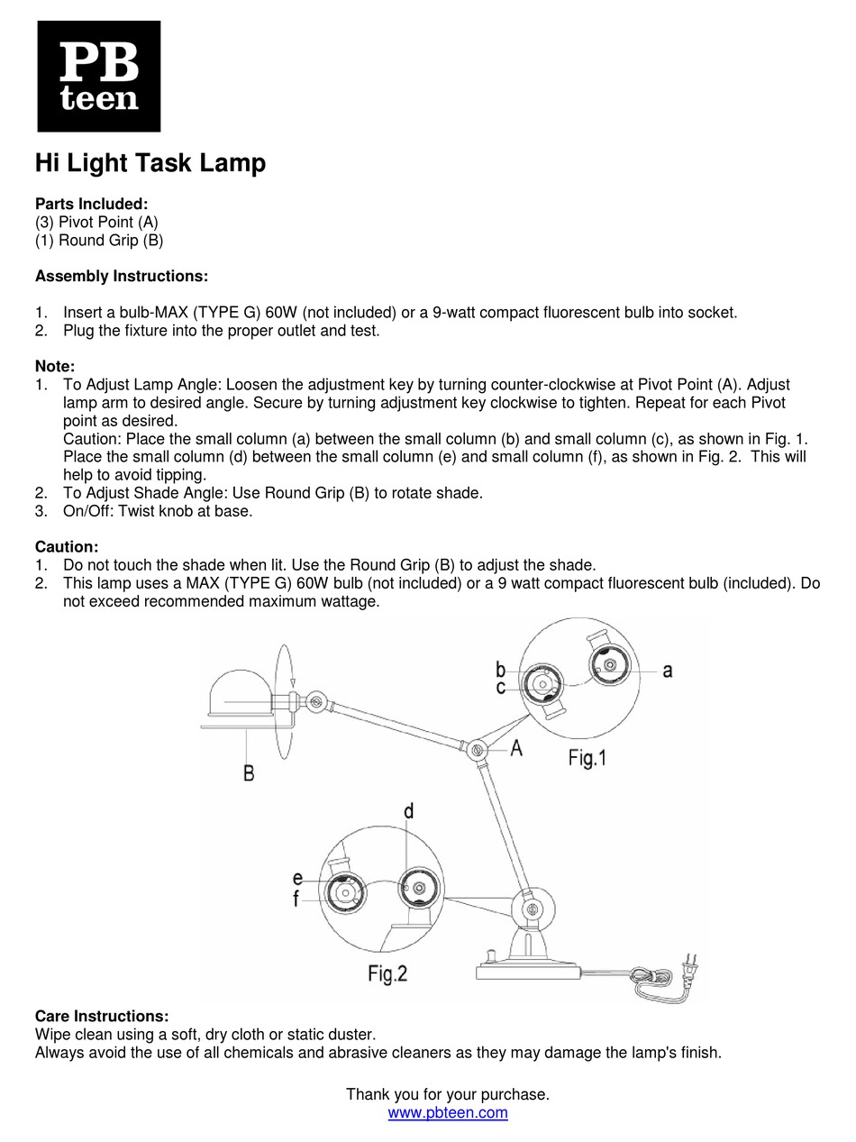 PB TEEN HI LIGHT TASK LAMP QUICK START MANUAL Pdf Download ManualsLib