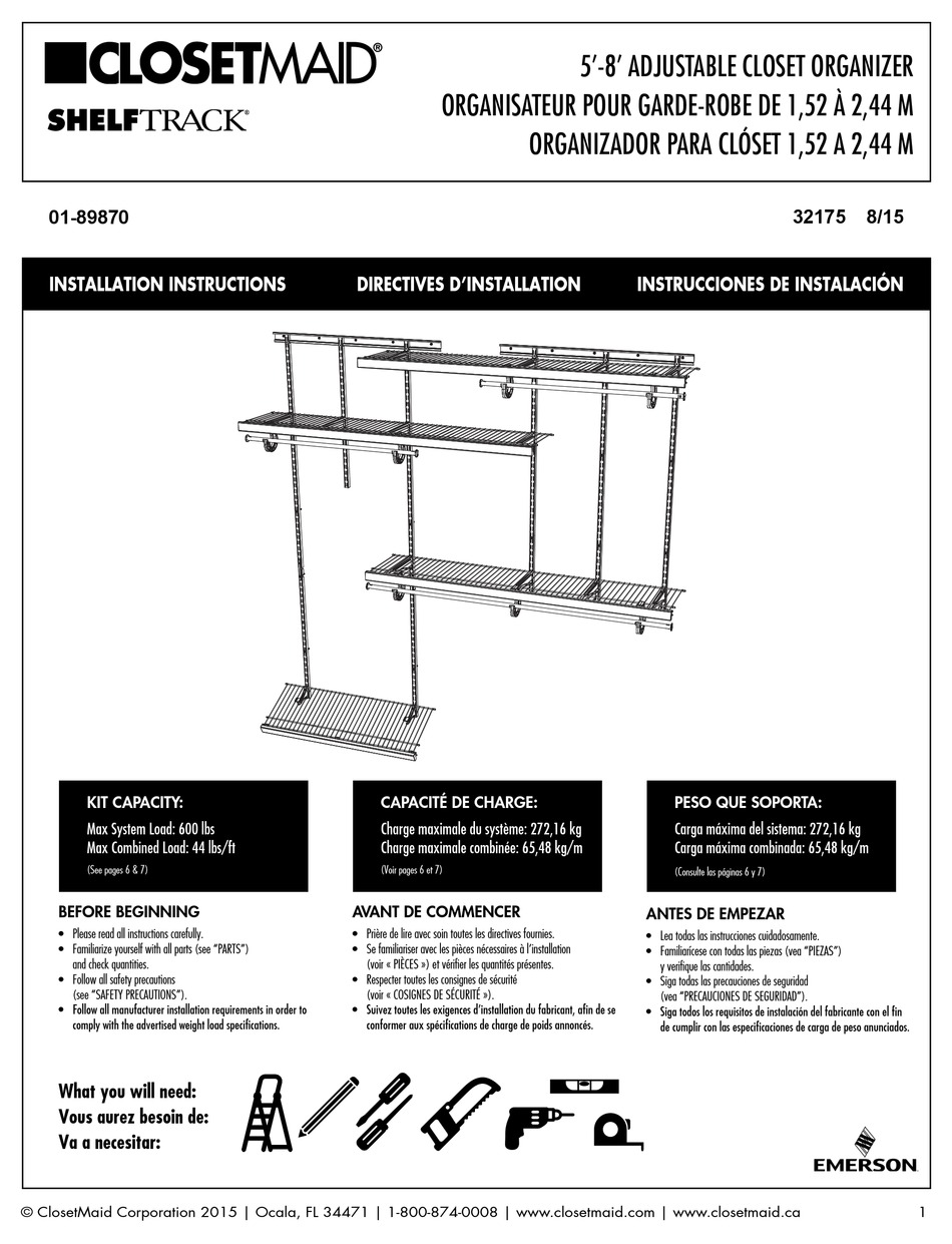 EATON CLOSETMAID SHELFTRACK 32175 INSTALLATION INSTRUCTIONS MANUAL Pdf