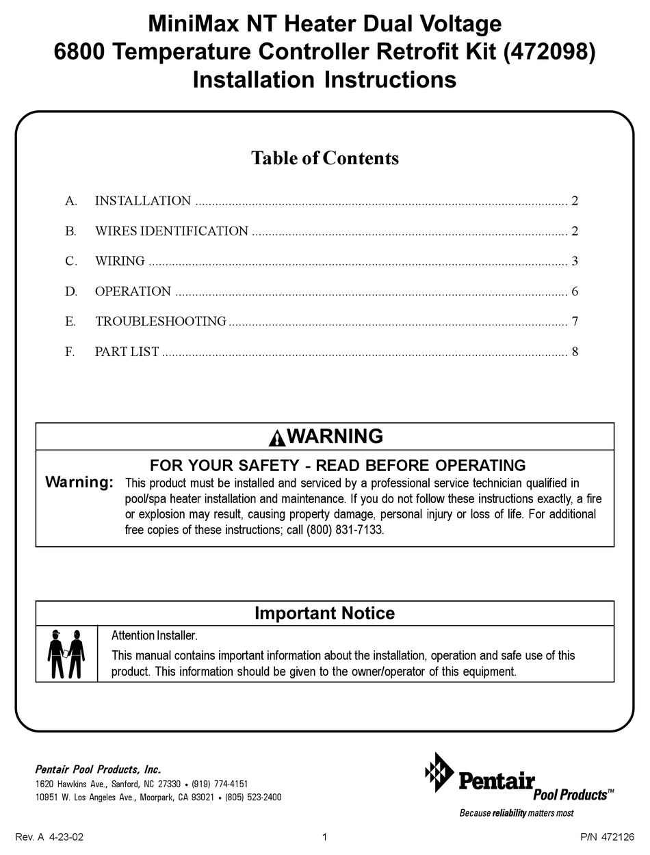PENTAIR POOL PRODUCTS MINIMAX NT 6800 INSTALLATION INSTRUCTIONS MANUAL