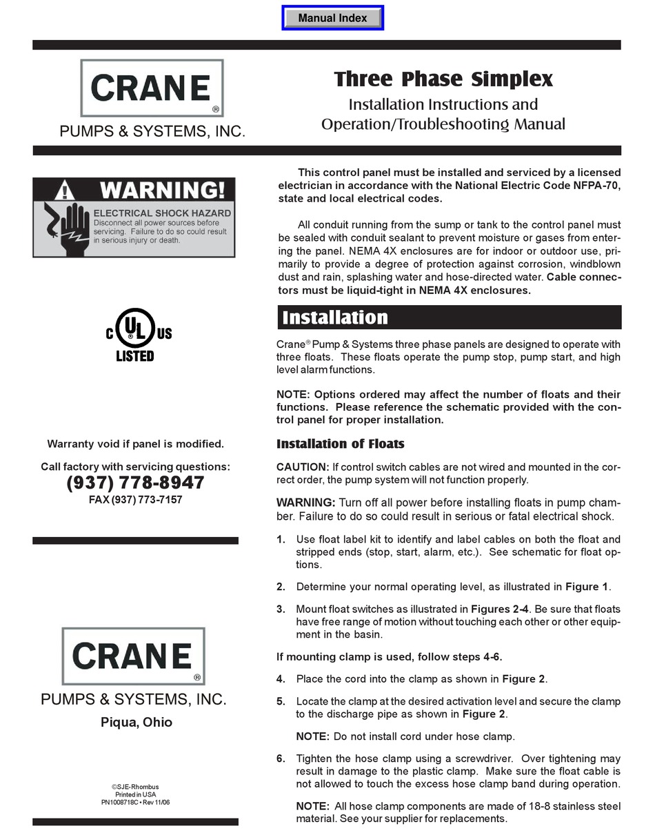 CRANE PUMPS & SYSTEMS THREE PHASE SIMPLEX INSTALLATION INSTRUCTIONS AND