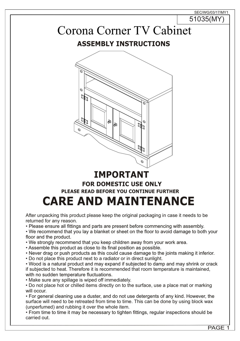 SECONIQUE CORONA CORNER TV 51035(MY) ASSEMBLY INSTRUCTIONS