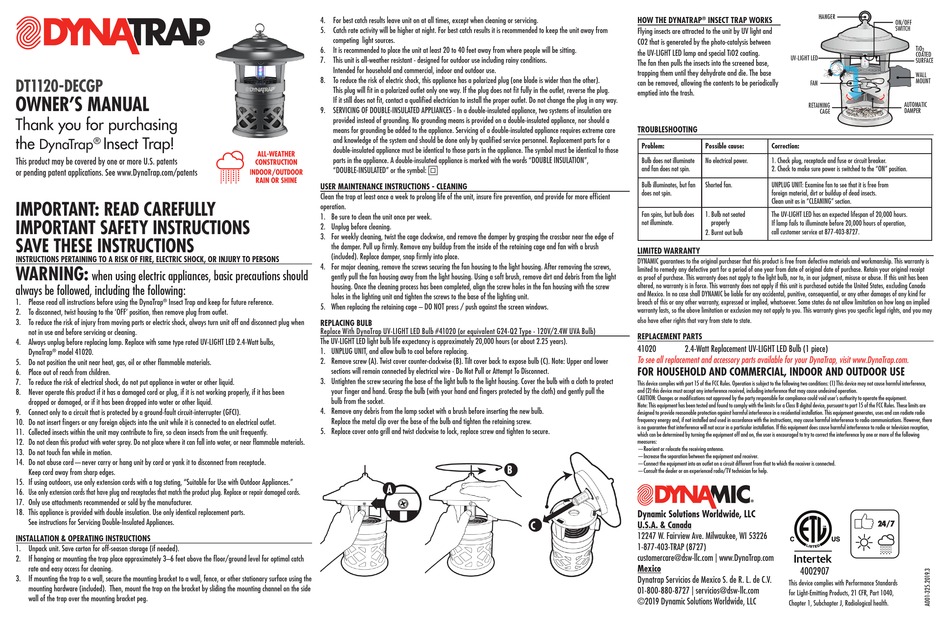 DYNATRAP DT1120-DECGP OWNER'S MANUAL Pdf Download | ManualsLib
