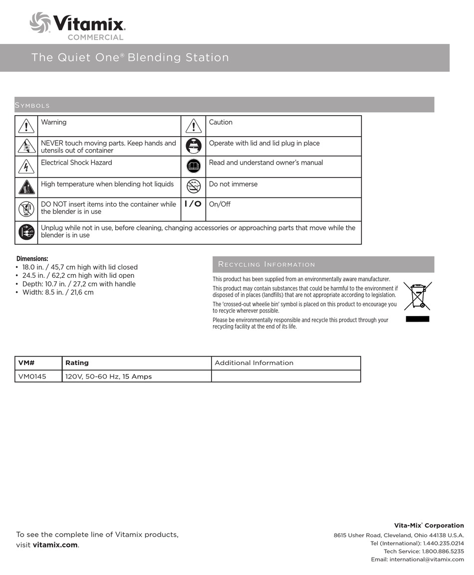 VITAMIX THE QUIET ONE VM0145 OWNER'S MANUAL Pdf Download | ManualsLib