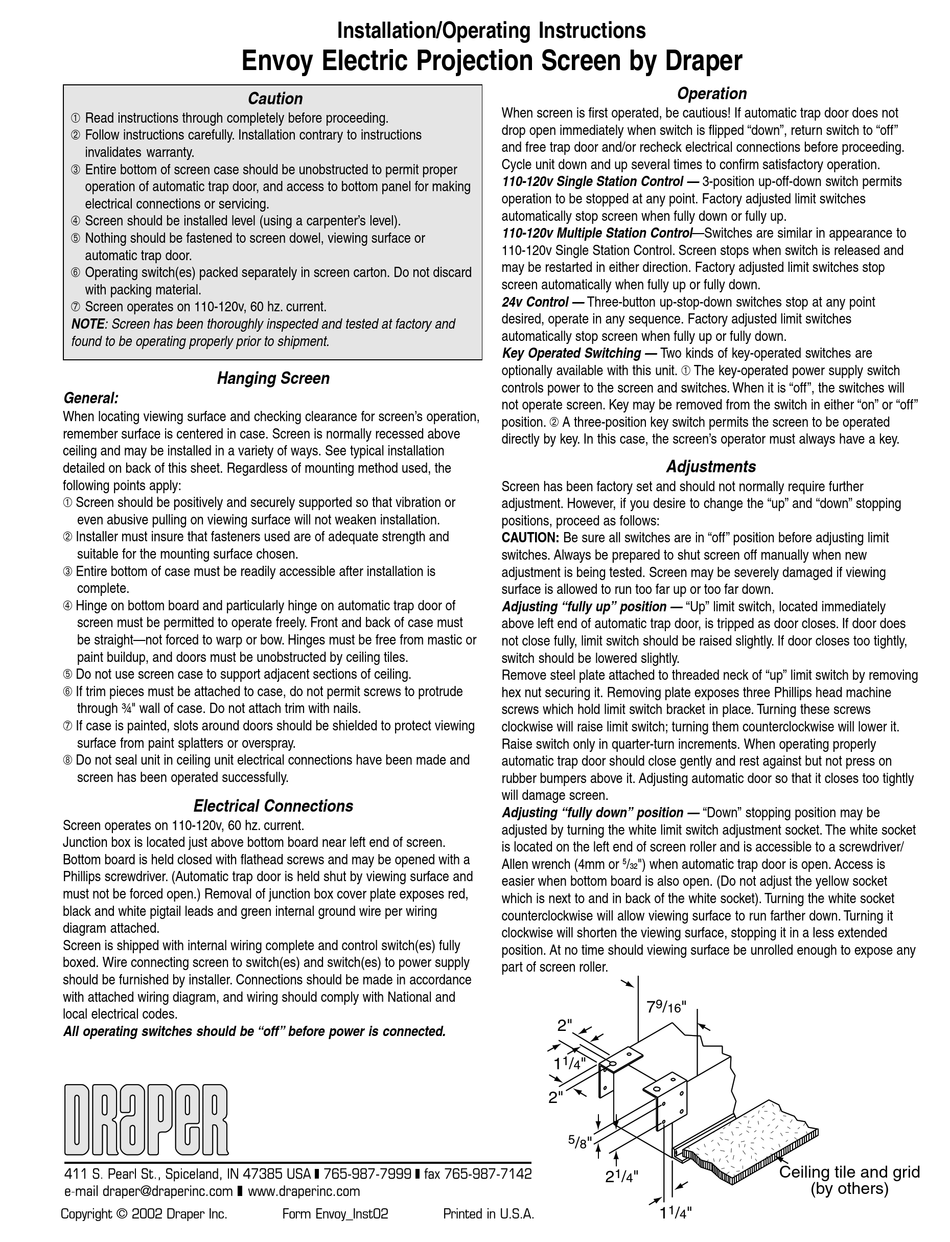 DRAPER ENVOY INSTALLATION & OPERATING INSTRUCTIONS Pdf Download