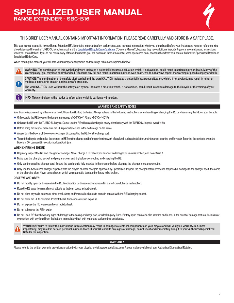 SPECIALIZED SBCB16 USER MANUAL Pdf Download ManualsLib