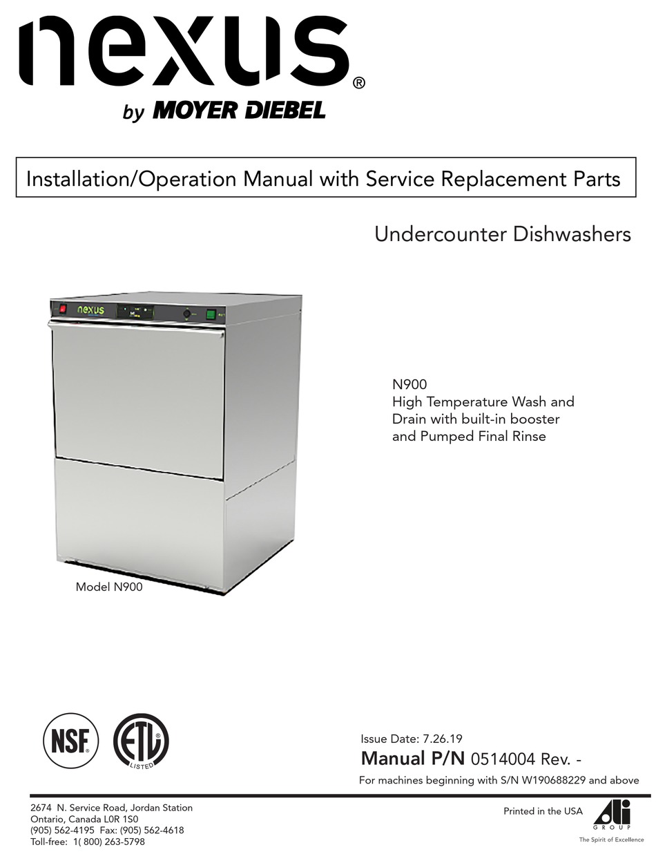 MOYER DIEBEL NEXUS N900 INSTALLATION/OPERATION MANUAL WITH SERVICE REPLACEMENT PARTS Pdf