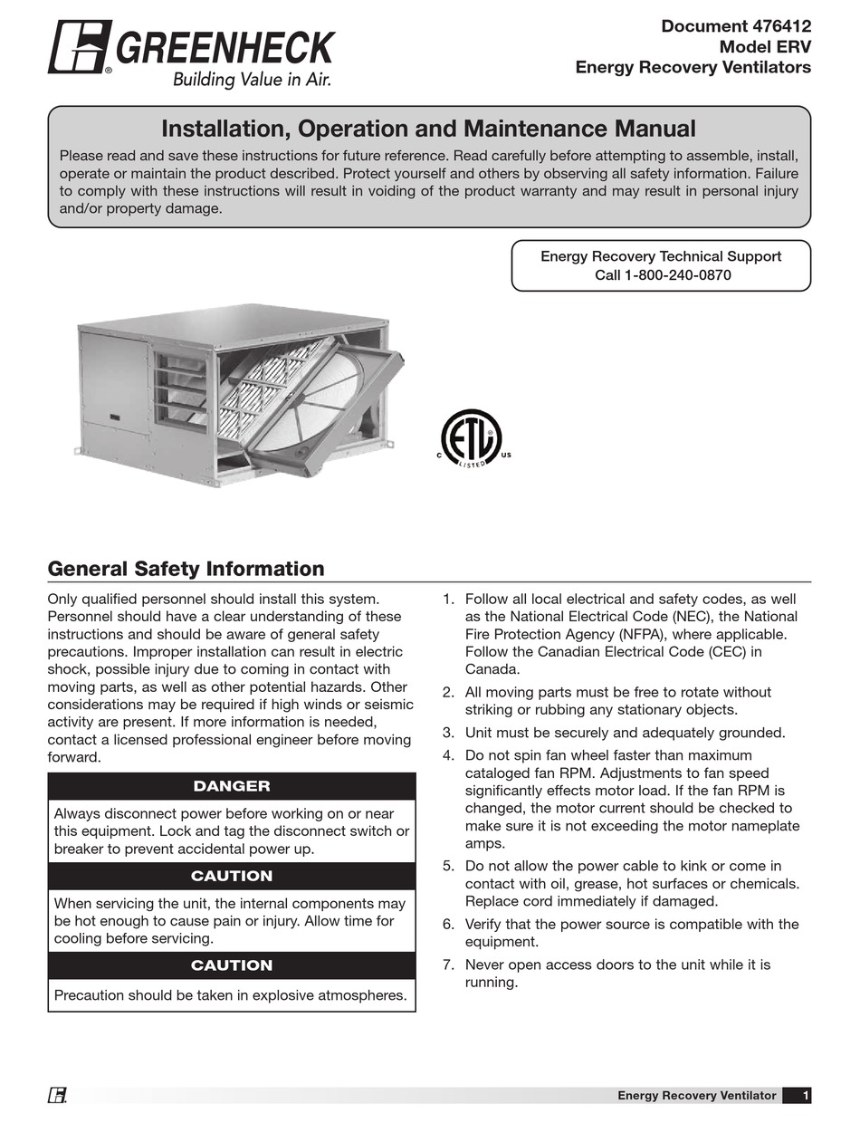 GREENHECK ERV SERIES INSTALLATION, OPERATION AND MAINTENANCE MANUAL Pdf ...