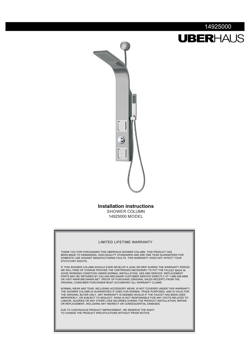 UBERHAUS SHOWER COLUMN 14925000 INSTALLATION INSTRUCTIONS MANUAL Pdf