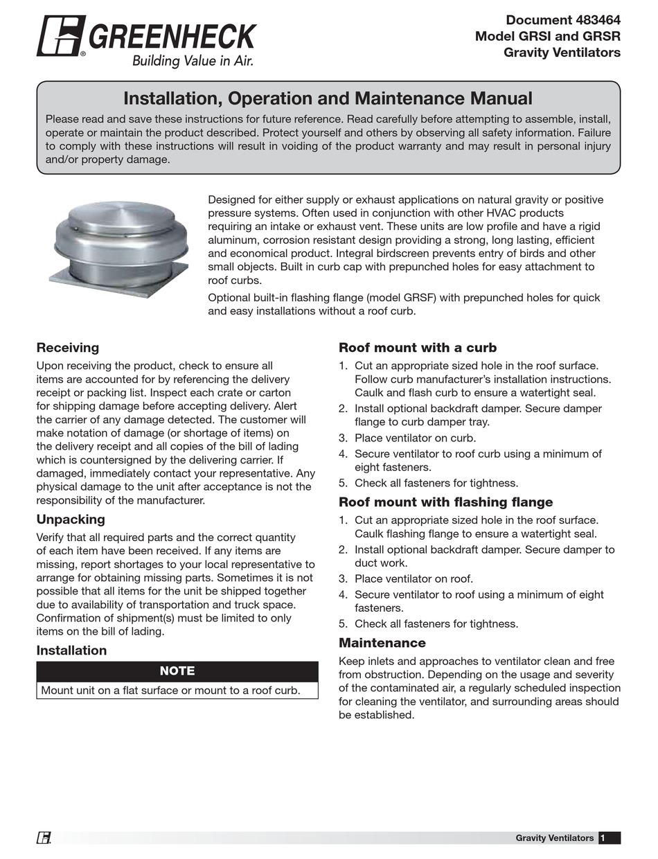 GREENHECK GRSI INSTALLATION, OPERATION AND MAINTENANCE MANUAL Pdf