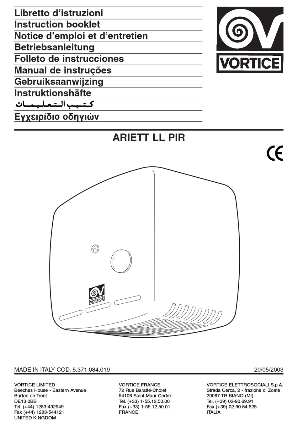 Vortice Ariett Ll Pir Instruction Booklet Pdf Download Manualslib