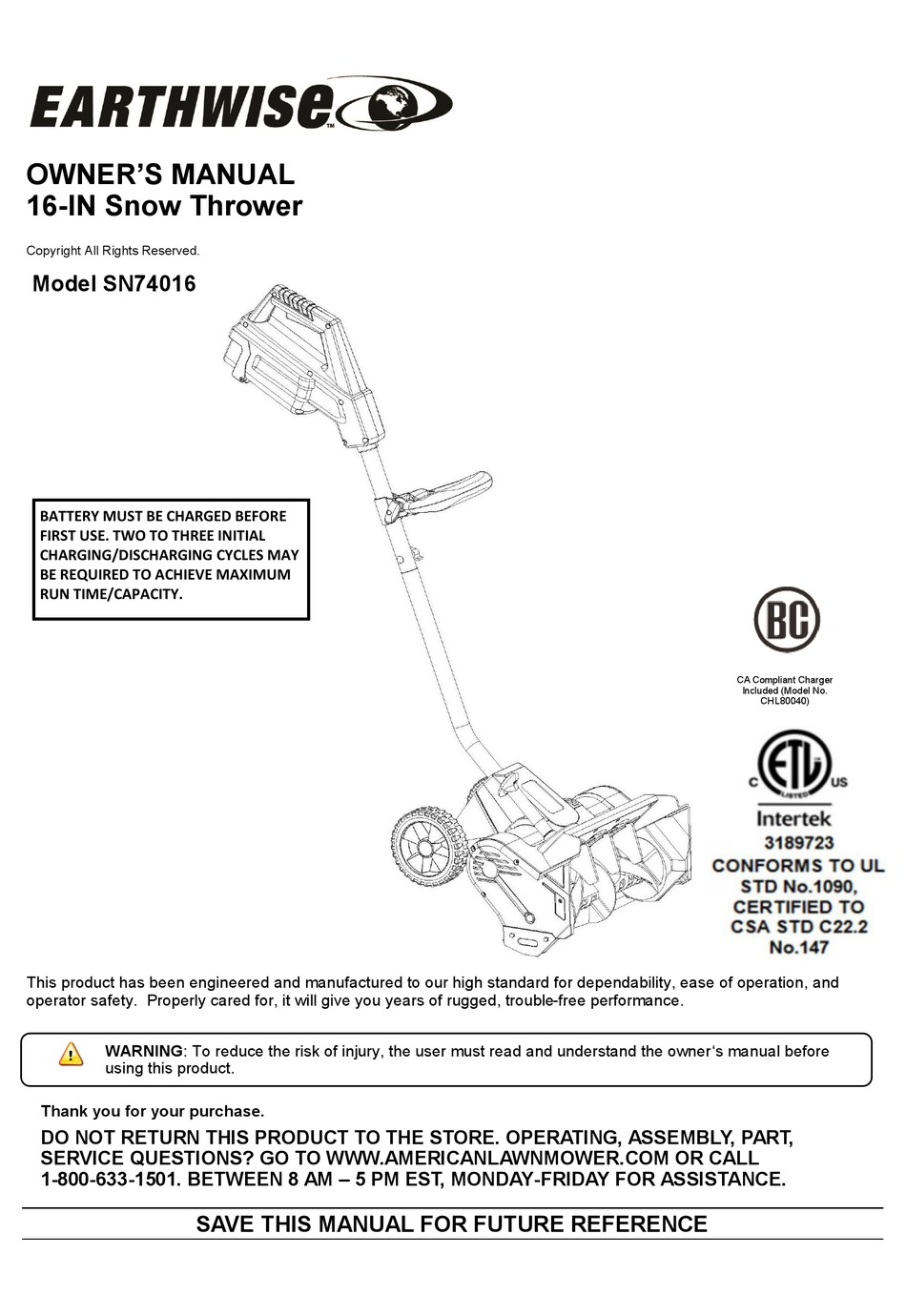 EARTHWISE SN74016 OWNER