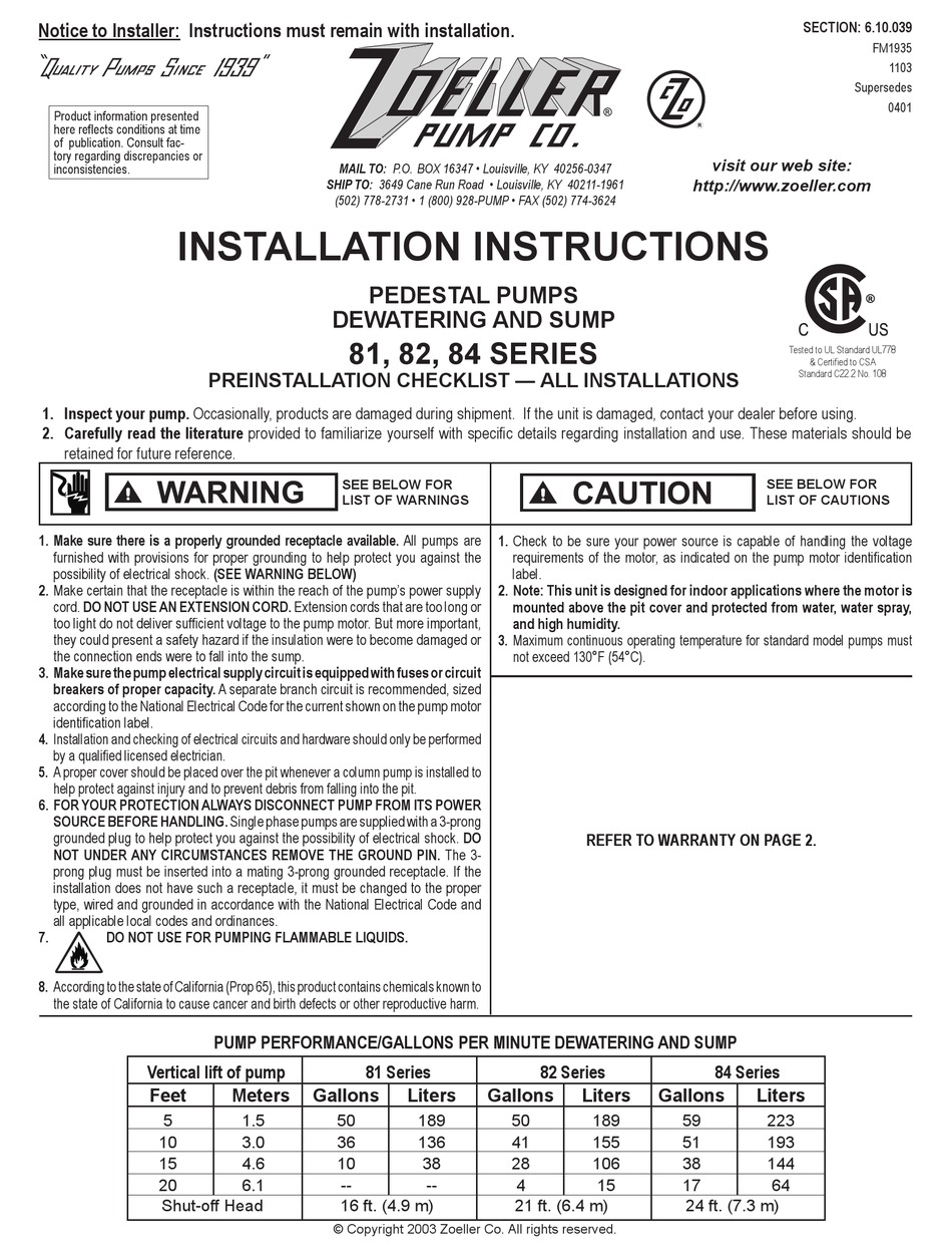 ZOELLER 81 SERIES INSTALLATION INSTRUCTIONS Pdf Download | ManualsLib