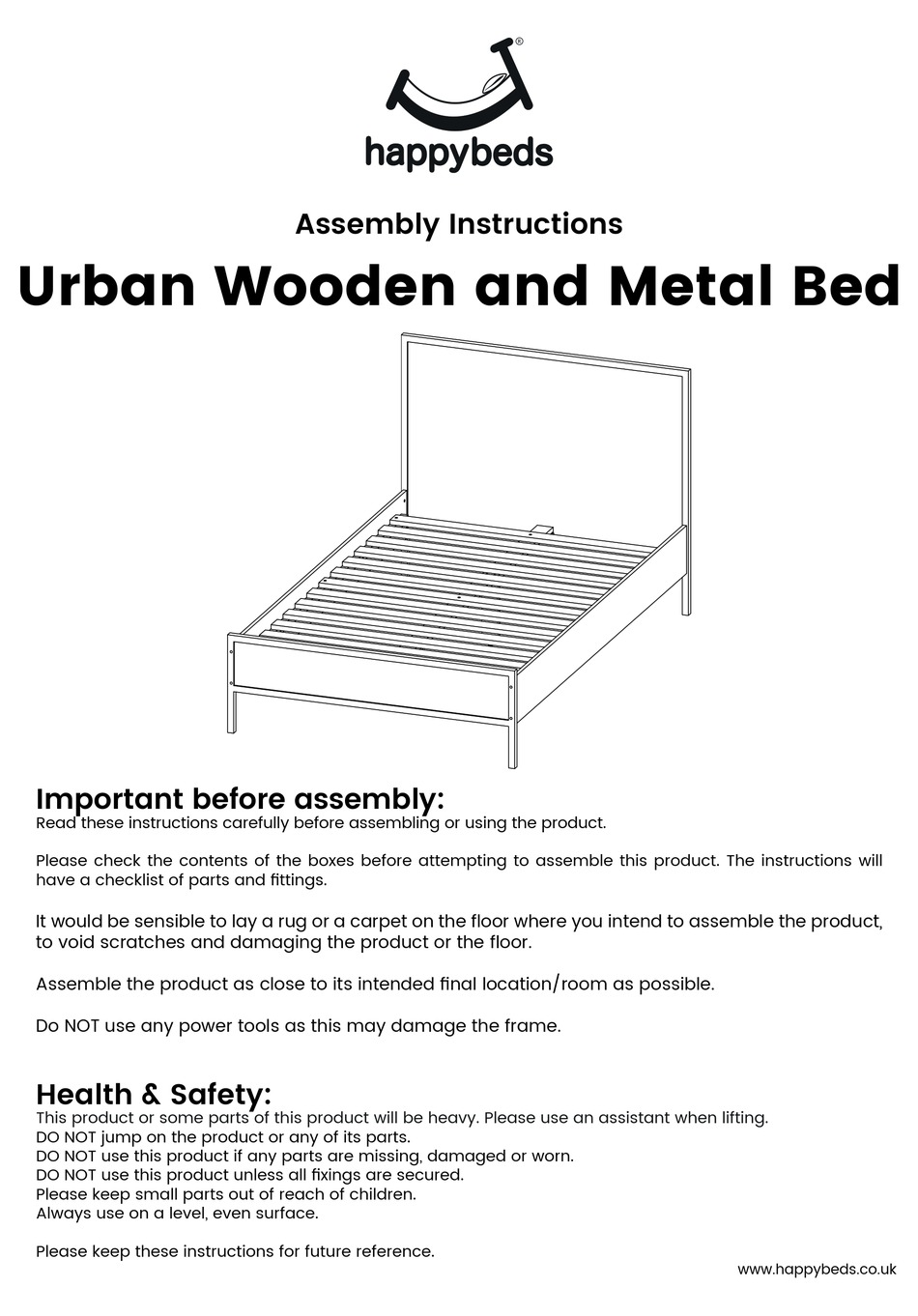 HAPPYBEDS URBAN WOODEN AND METAL BED ASSEMBLY INSTRUCTIONS MANUAL Pdf