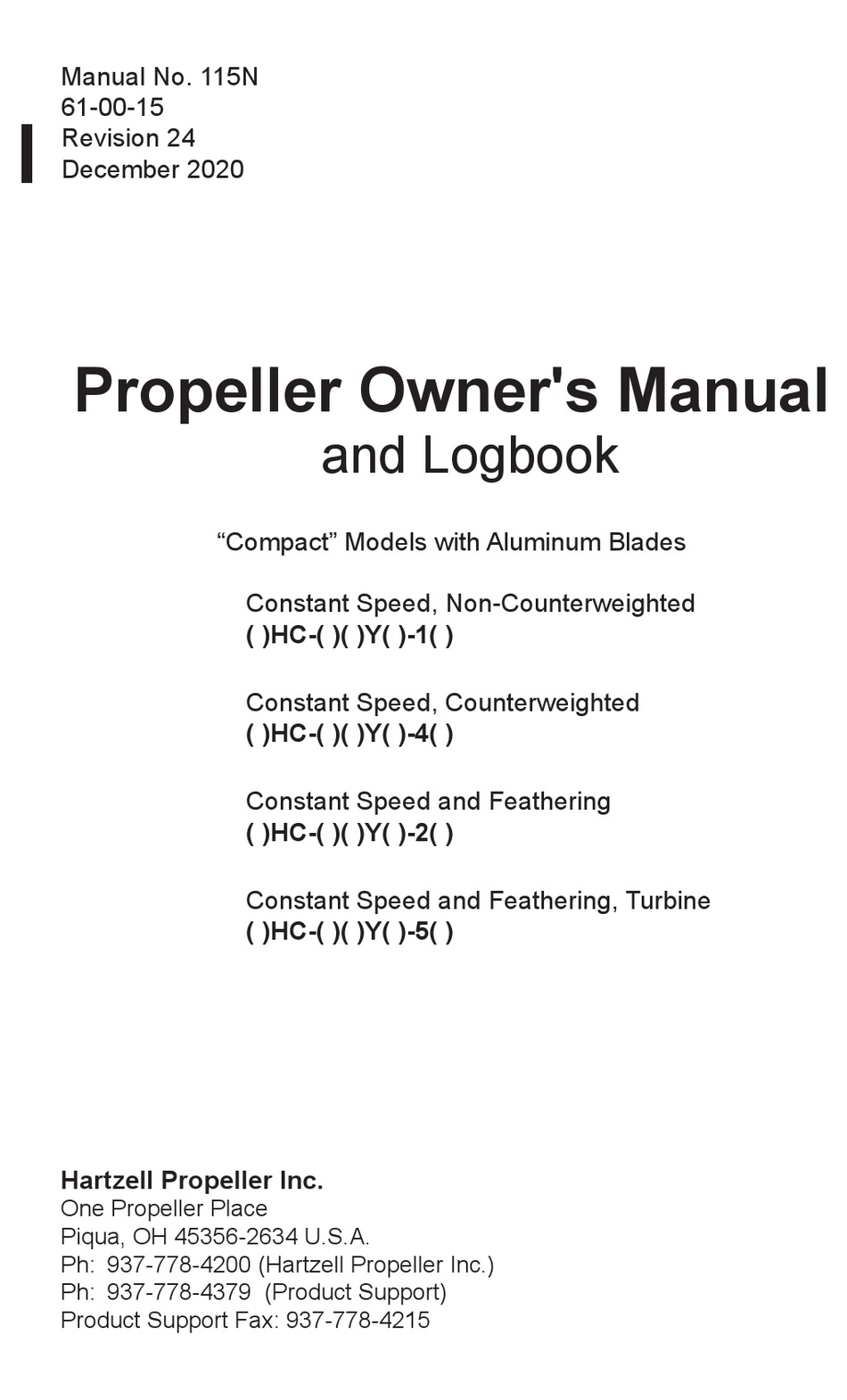 Hartzell Hc Y 1 Series Owner S Manual And Logbook Pdf Download Manualslib
