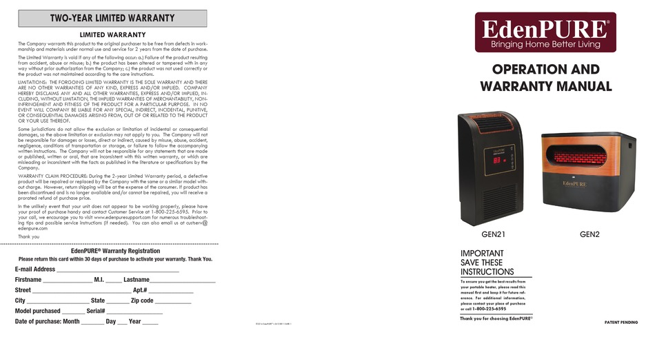 EDENPURE GEN21 OPERATION AND WARRANTY MANUAL Pdf Download | ManualsLib