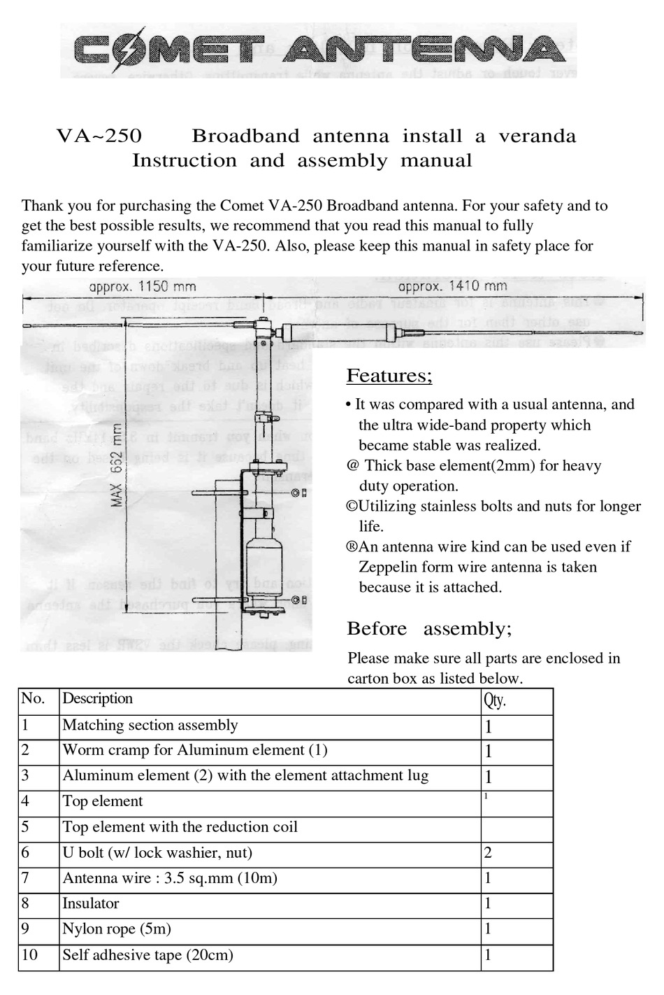 COMET VA 250 INSTRUCTION AND ASSEMBLY MANUAL Pdf Download ManualsLib