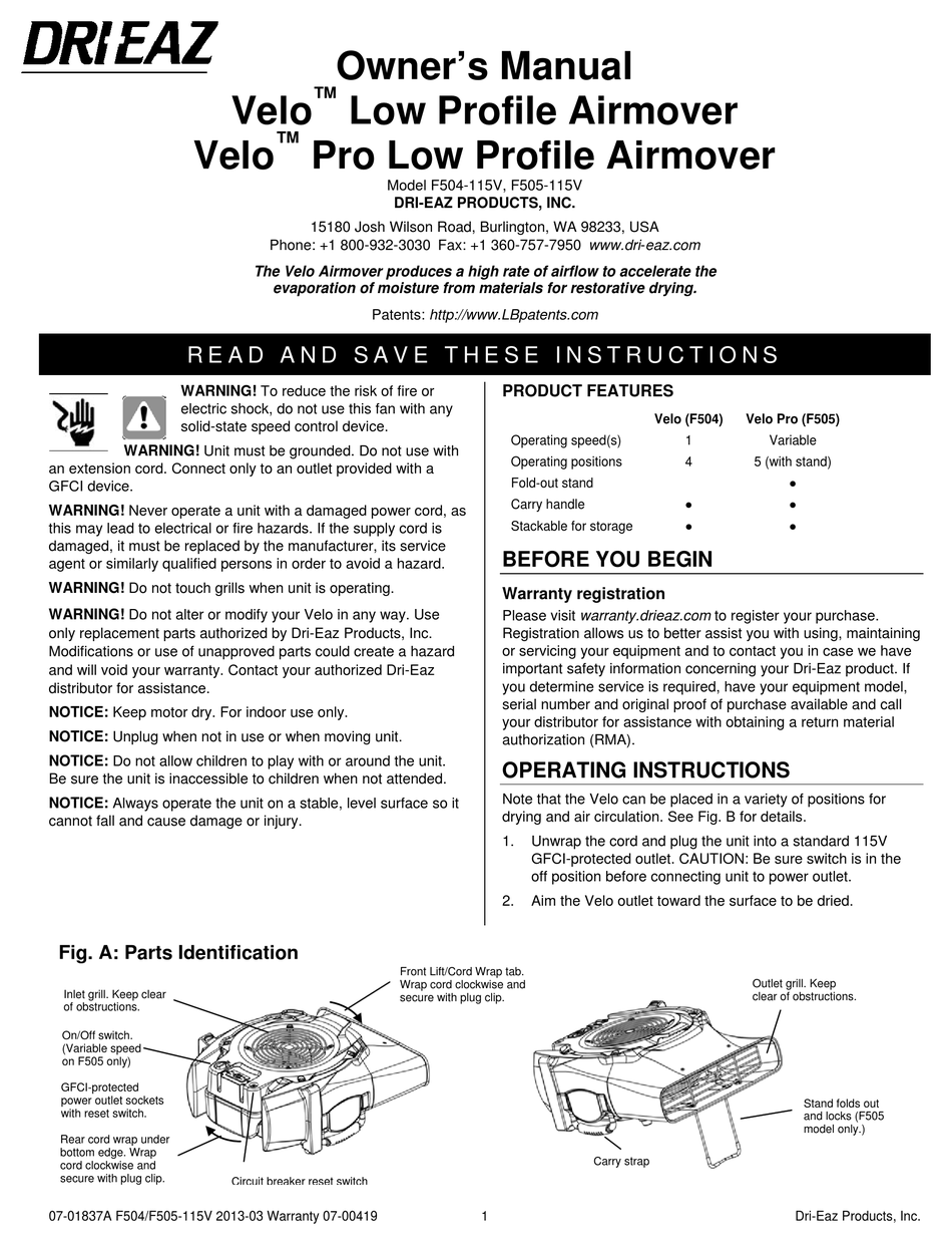 DRI-EAZ VELO OWNER'S MANUAL Pdf Download | ManualsLib