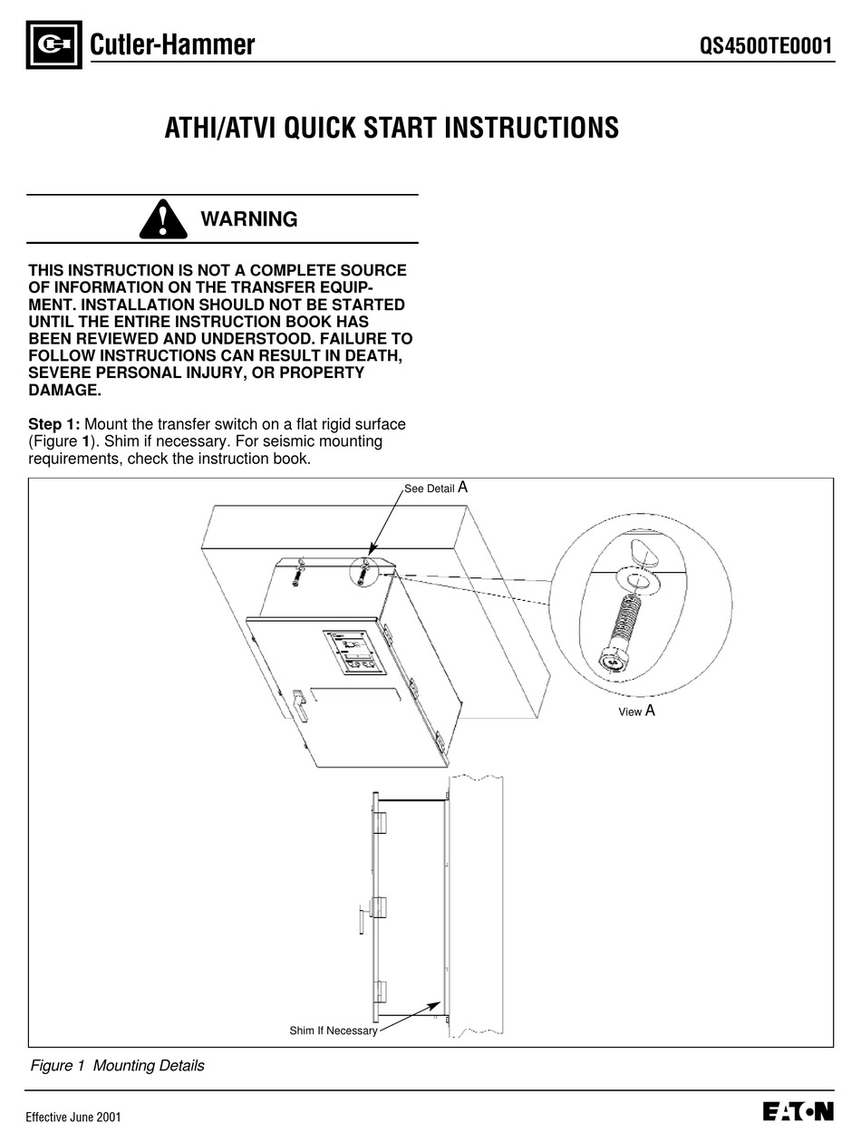 EATON CUTLERHAMMER QS4500TE0001 QUICK START INSTRUCTIONS Pdf Download