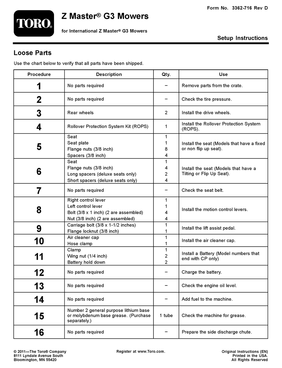 TORO Z MASTER G3 SETUP INSTRUCTION Pdf Download ManualsLib