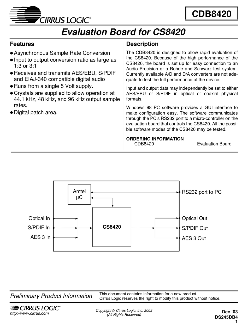 CIRRUS LOGIC CDB8420 MANUAL Pdf Download ManualsLib