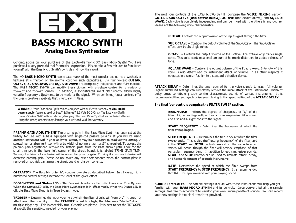 ELECTROHARMONIX XO BASS MICRO SYNTH MANUAL Pdf Download ManualsLib