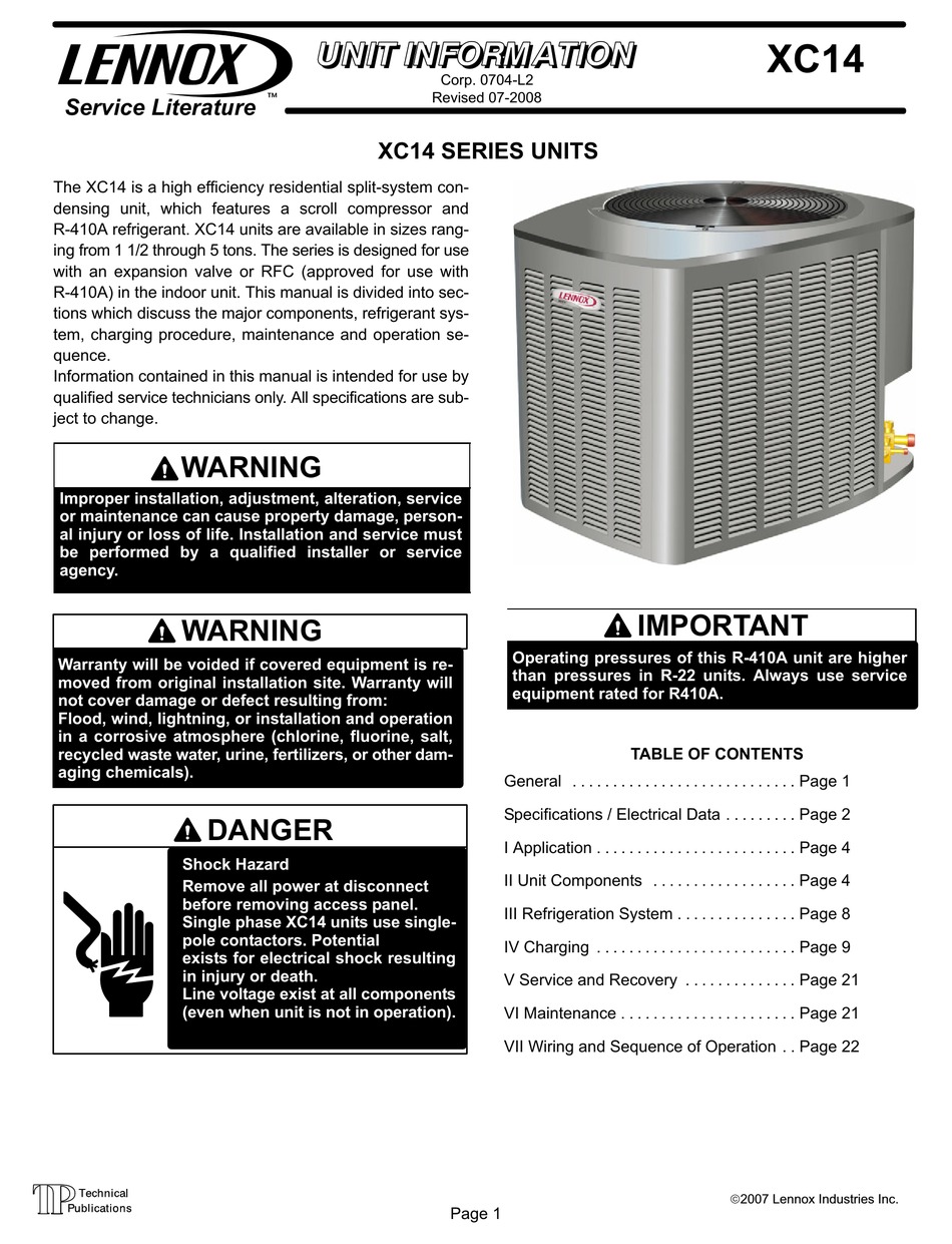 Lennox Xc14 Series Unit Information Pdf Download 