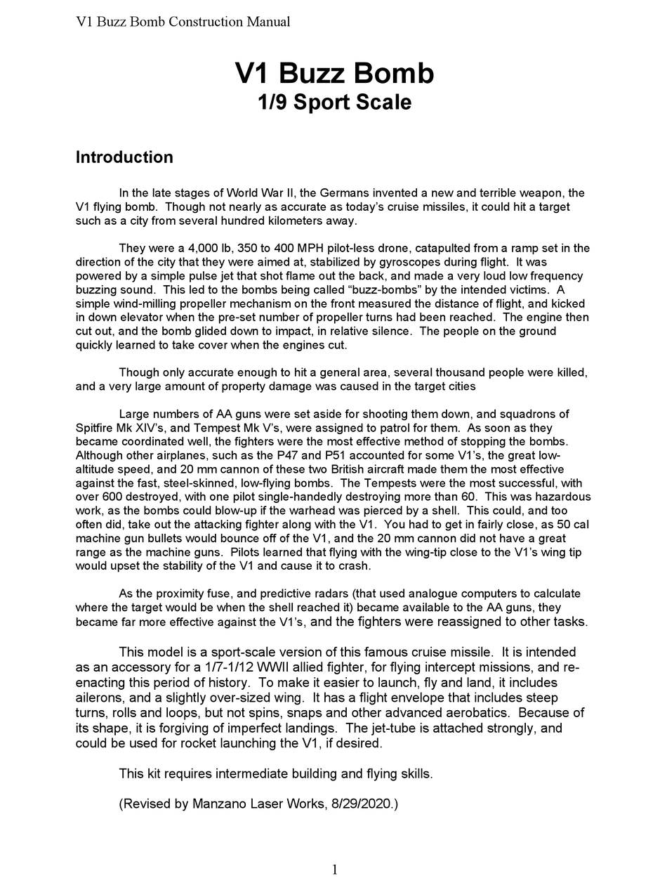 MANZANO LASER WORKS V1 BUZZ BOMB CONSTRUCTION MANUAL Pdf Download