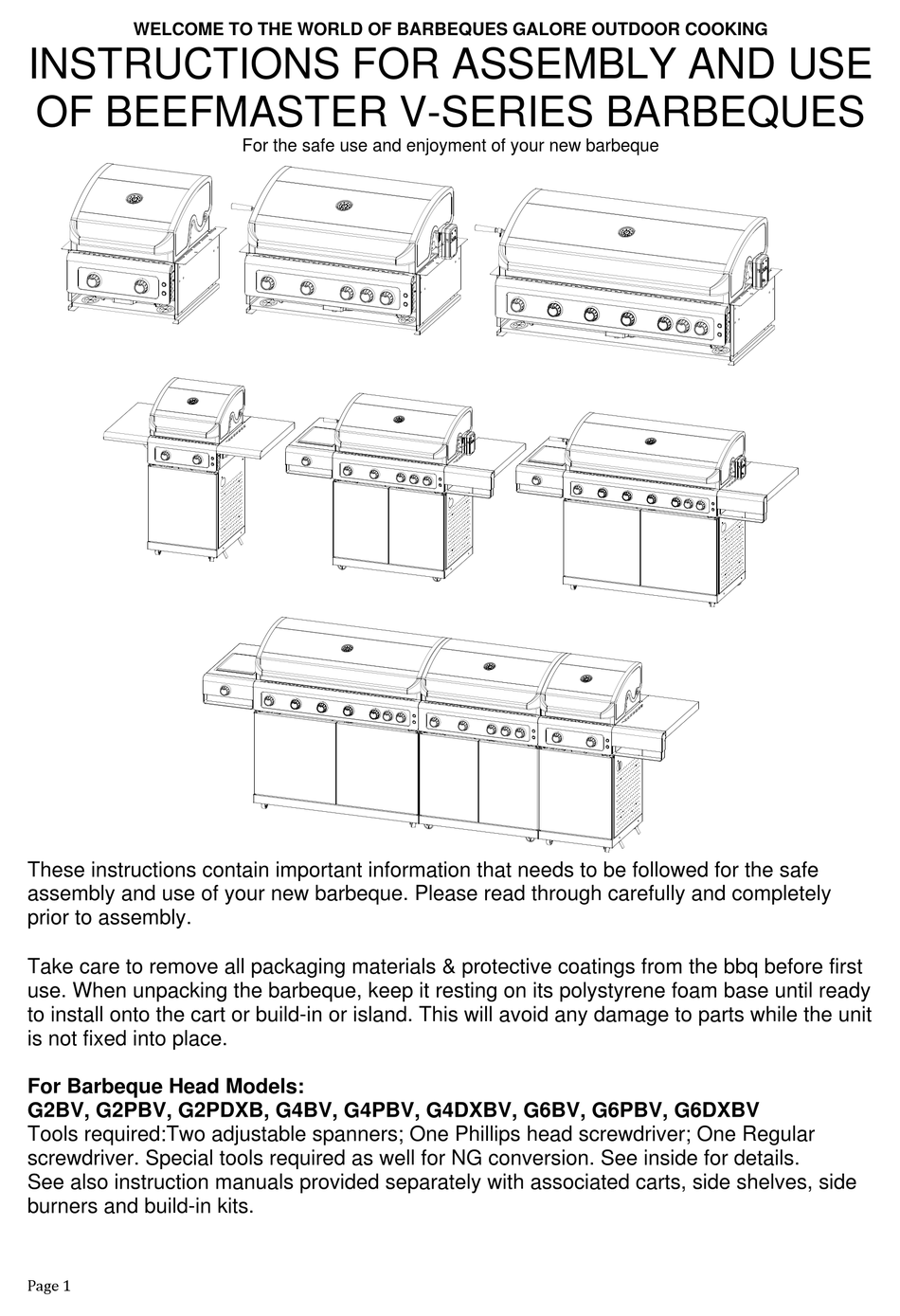 BARBEQUES GALORE BEEFMASTER V SERIES INSTRUCTIONS FOR ASSEMBLY AND USE