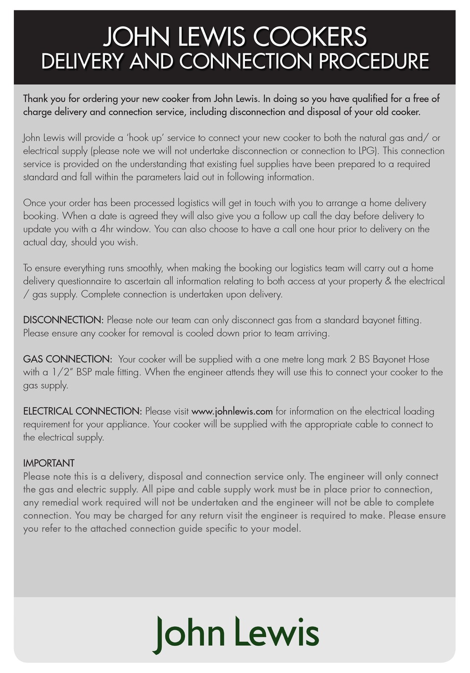 JOHN LEWIS JLRC922 DELIVERY AND CONNECTION PROCEDURE Pdf Download