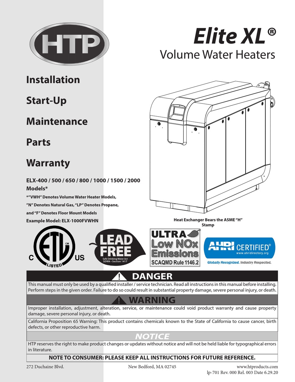 HTP ELITE XL ELX400 SERIES INSTALLATION, STARTUP, MAINTENANCE, PARTS