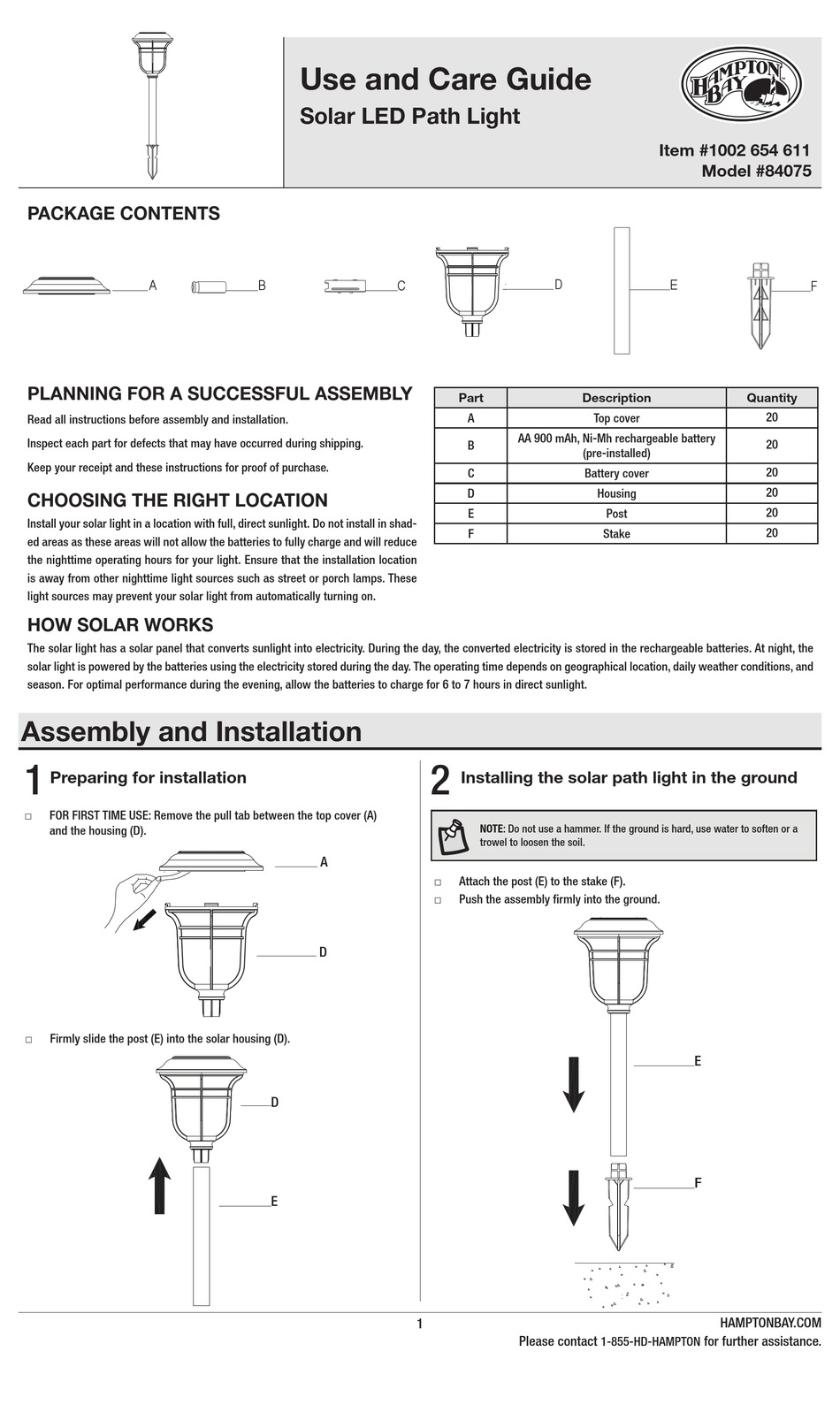 HAMPTON BAY 84075 USE AND CARE MANUAL Pdf Download | ManualsLib