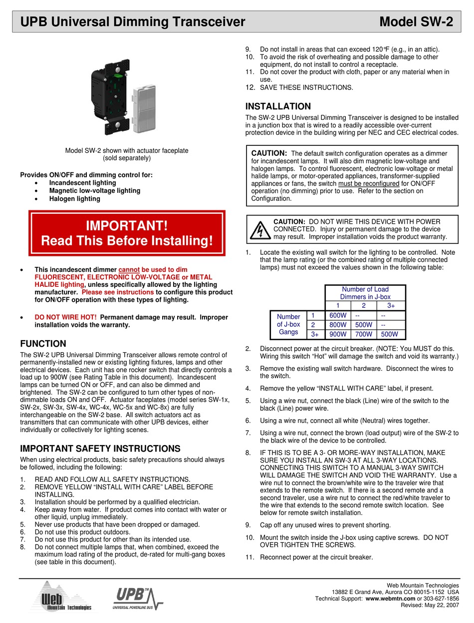 WEB MOUNTAIN TECHNOLOGIES SW2 USER INSTRUCTIONS Pdf Download ManualsLib