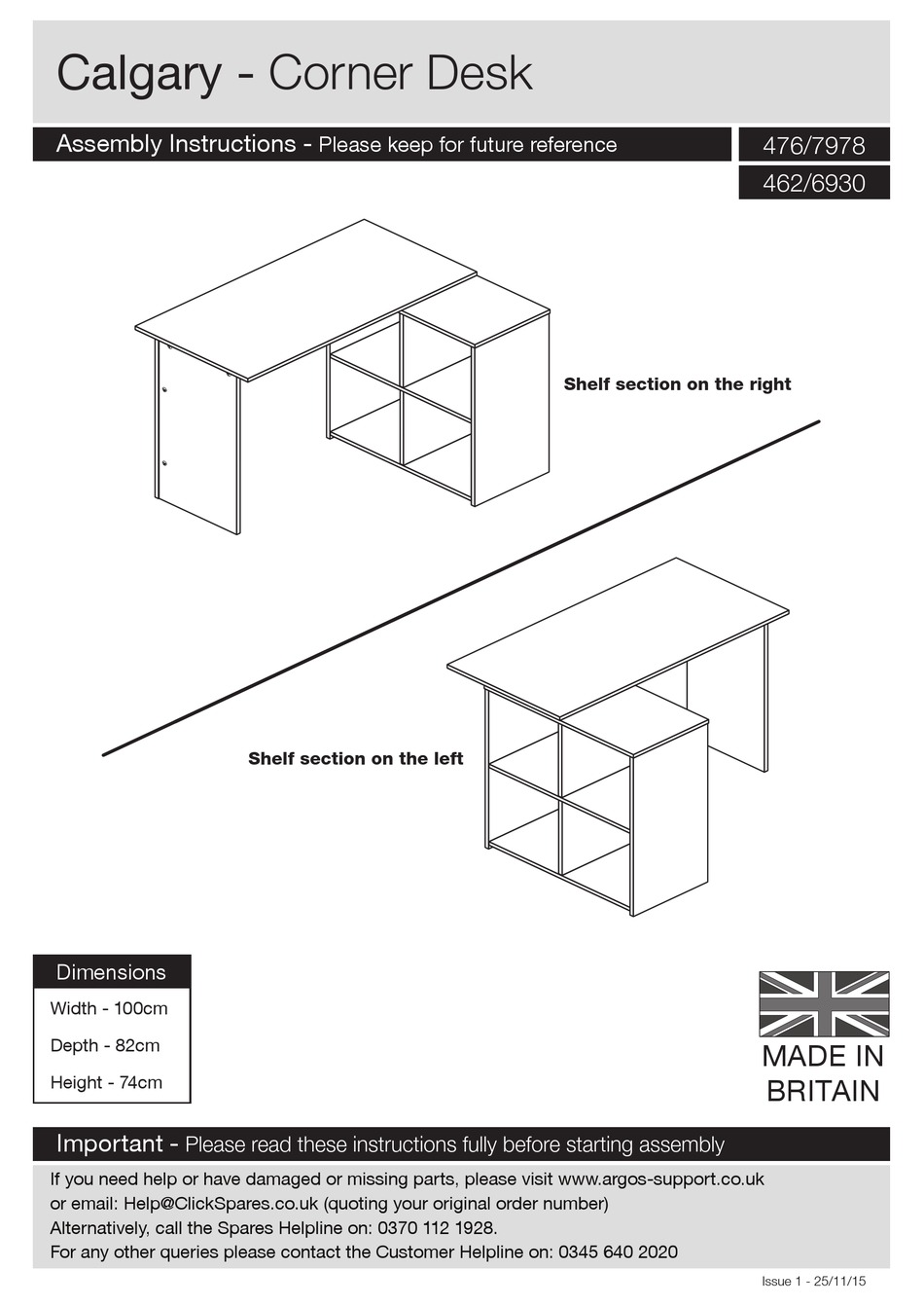 ARGOS CALGARY 476/7978 ASSEMBLY INSTRUCTIONS MANUAL Pdf Download