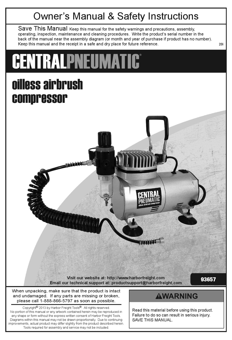 CENTRAL PNEUMATIC 93657 OWNER'S MANUAL & SAFETY INSTRUCTIONS Pdf