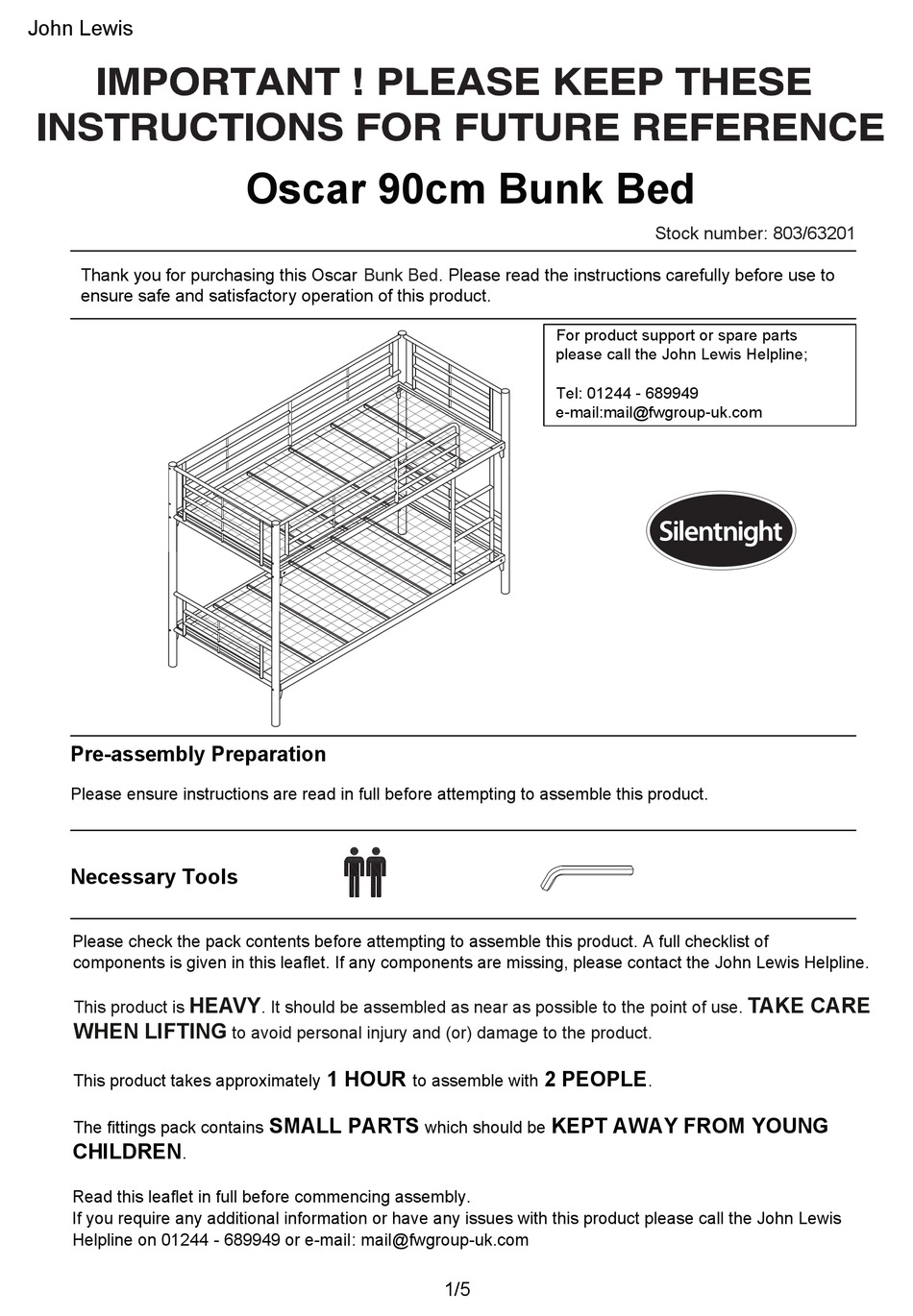 JOHN LEWIS SILENTNIGHT OSCAR BUNK BED 803/63201 AASSEMBLY INSTRUCTIONS
