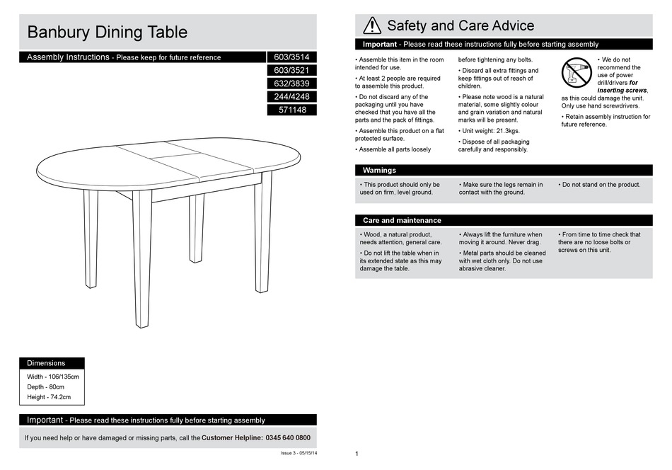ARGOS HABITAT BANBURY DINING TABLE 603/3514 ASSEMBLY INSTRUCTIONS Pdf